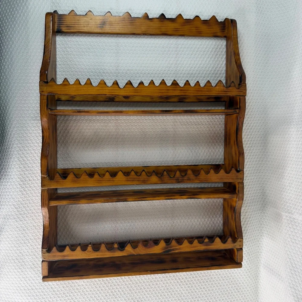 Vintage Burnt Wood Wall Mount Spice Rack Scalloped 3 Tier Rustic Display Shelf